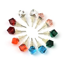 Mixed Color Shiny Glass Rhinestone Stud Earrings, with Platinum Brass Ear Stud Components, Mixed Color, 9x7mm, Pin: 0.7mm
