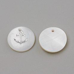 Platinum Freshwater Shell Pendants, Flat Round & Anchor, Platinum, 16x3.5~4mm, Hole: 1.2mm