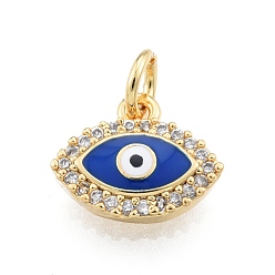 Blue Brass Micro Pave Clear Cubic Zirconia Charms, with Enamel and Jump Rings, Golden, Evil Eye, Blue, 10x12x2.5mm, Hole: 3mm