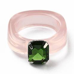 Pink Resin Finger Rings, with Plastic Rhinestone, Rectangle, Platinum, Pink, US Size 6, Inner Diameter: 17mm