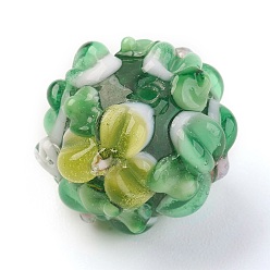 Sea Green Handmade Lampwork Beads, Rondelle with Flower, Bumpy, Sea Green, 14~15x12~13mm, Hole: 1.5~1.8mm
