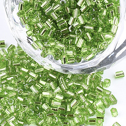 Lime Green Grade A Glass Seed Beads, Hexagon(Two Cut), Silver Lined, Lime Green, 1.5~2.5x1.5~2mm, Hole: 0.8mm, about 2100pcs/bag, 450g/bag