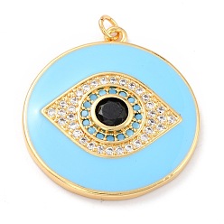 Light Blue Real 18K Gold Plated Brass Micro Pave Cubic Zirconia Pendants, with Jump Ring and Enamel, Long-Lasting Plated, Flat Round with 
Evil Eye, Light Blue, 33x30x4mm, Jump Ring: 5x1mm, 3mm Inner Diameter
