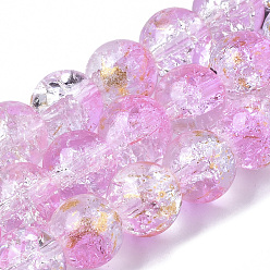 Rose Nacré Brins de perles de verre craquelées peintes à la bombe transparente, avec une feuille d'or, ronde, perle rose, 10~11mm, Trou: 1.4~1.6mm, Environ 39~42 pcs/chapelet, 14.84 pouces ~ 15.27 pouces (37.7~38.8 cm)
