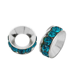 Blue Zircon Brass Rhinestone Spacer Beads, Grade A, Rondelle, Silver Color Plated, Blue Zircon, 10x4.2mm, Hole: 5.2~5.7mm
