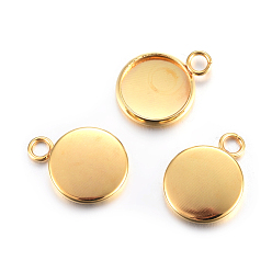 Golden Rack Plating 304 Stainless Steel Pendant Cabochon Settings, Plain Edge Bezel Cups, Flat Round, Real 24K Gold Plated, Tray: 10mm, 15x12x2mm, Hole: 2.2mm