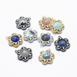 Mixed Color Brass Micro Pave Cubic Zirconia Pendants, with Natural Gemstone/Shell, Flower, Clear, Mixed Color, 21x17x5~7mm, Hole: 1.2mm