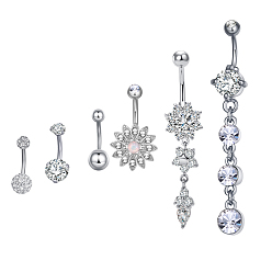 Platinum Brass Piercing Jewelry, Belly Rings, with Glass Rhinestone, Mixed Shapes, Platinum, 21~64mm, bar: 15 Gauge(1.5mm), 6pcs/set, bar length: 3/8"(10mm)~9/16"(14mm)