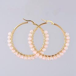 Quartz Rose Boucles d'oreilles en perles, avec naturel a augmenté perles de quartz, plaqué or 304 en acier inoxydable boucles d'oreilles, 50 mm, broches: 0.6x1 mm