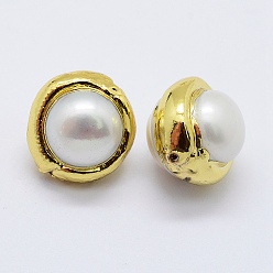 White Natural Cultured Freshwater Pearl Beads, Edge Golden Plated, Round, White, 15x13~14x10.5~11mm, Hole: 0.5mm