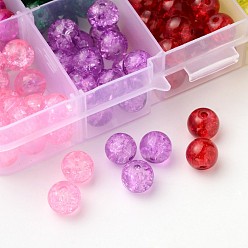 Mixed Color Spray Painted Transparent Crackle Glass Beads Strands, Round, Mixed Color, 8mm, Hole: 1.3mm, about 20pcs/ compartment, about 200pcs/box