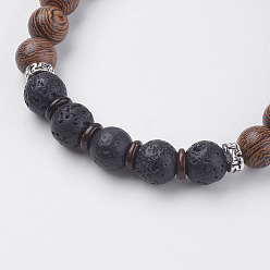 Lava Rock Natural Lava Rock & Wenge Wood Beads & Coconut Stretch Bracelets, with Alloy Findings, 2 inch(5~5.2cm)