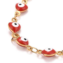 Rouge Coeur en émail avec bracelet chaînes à maillons mauvais œil, placage sous vide 304 bijoux en acier inoxydable pour femmes, or, rouge, 6-3/4 pouce (17.1 cm)
