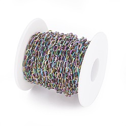Rainbow Color Ion Plating(IP) 304 Stainless Steel Cable Chains, with Spool, Unwelded, Flat Oval, Rainbow Color, 4mm, about 32.8 Feet(10m)/roll