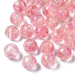 Pink Handmade Luminous Inner Flower Lampwork Beads, Round, Pink, 8mm, Hole: 1mm