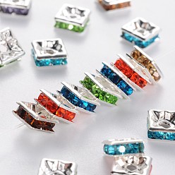 Mixed Color Brass Rhinestone Spacer Beads, Grade A, Square, Nickel Free, Mixed Color, Silver Color Plated,Size: about 6mm wide, 6mm long, 3mm thick, hole: 1mm
