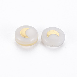 Golden Natural Freshwater Shell Beads, with Golden Plated Brass Metal Embellishments, Flat Round with Moon, Seashell Color, 8x4.5mm, Hole: 0.6mm