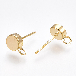 Real 18K Gold Plated Brass Stud Earring Findings, with Loop, Flat Round, Nickel Free, Real 18K Gold Plated, 9x6mm, Hole: 1.8mm, Pin: 0.8mm