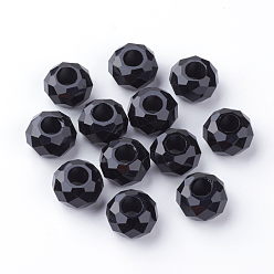 Black Glass European Beads, Large Hole Beads, No Metal Core, Rondelle, Black, 14x8mm, Hole: 5mm