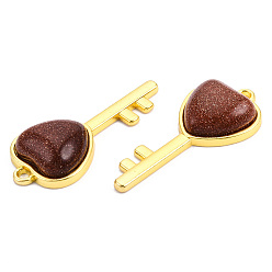Pierre D'or Pendentifs Goldstone synthétiques, avec accessoires en laiton plaqués or clair, clé avec breloque coeur, 38x17x6.5~7mm, Trou: 1.8mm