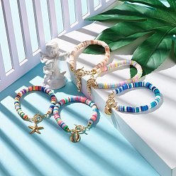 Mixed Color Marine Organism Theme Charm Bracelet, Polymer Clay Heishi Beads Bracelet, Surfering Bracelet for Beach Vacation, Golden, Mixed Color, 7-1/8 inch(18.2cm)