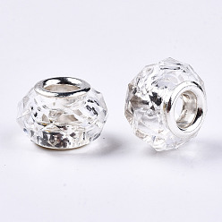 Clair Résine transparente perles européennes, cristal d'imitation, Perles avec un grand trou   , laiton avec ton argent noyaux doubles, facette, rondelle, clair, 14x9.5mm, Trou: 5mm