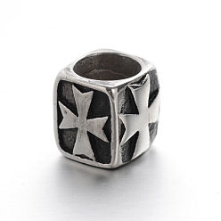 Antique Silver Retro Smooth 304 Stainless Steel Large Hole Cube Beads with Cross, Antique Silver, 11.5x11.5x11.5mm, Hole: 8.5mm