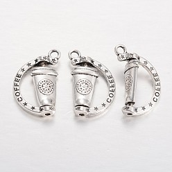 Antique Silver Alloy Coffee Cup Pendants, Waitress Charms, with Word Coffee, Rotatable Pendants, Cadmium Free & Lead Free, Waitress Charms, Antique Silver, 25x17x3mm, Hole: 2.5mm, 150pcs/bag