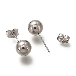Stainless Steel Color 304 Stainless Steel Ball Stud Earrings, with 316 Stainless Steel Pin & Earring Backs, Round, Stainless Steel Color, 19.5x8mm, Pin: 0.7mm