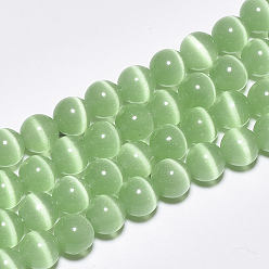 Vert Pâle Perles oeil de chat, ronde, vert pale, 8mm, Trou: 1.2mm, Environ 50 pcs/chapelet, 15.5 pouce