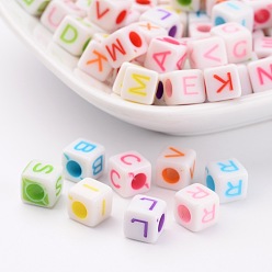 Mixed Color Initial Acrylic Beads, Cube, Mixed Color, 6.5x6.5x6.5mm, Hole: 2.5mm, about 2040pcs/500g