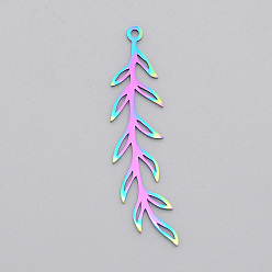 Rainbow Color Ion Plating(IP) 201 Stainless Steel Pendants, Laser Cut, Leaf, Rainbow Color, 44x11x1mm, Hole: 1.5mm