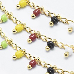 Colorful Handmade Glass Beaded Chains, Soldered, with Spool, Brass Chain, Golden, Long-Lasting Plated, Colorful, 6x2mm, Chain: about 2mm wide, about 32.8 Feet(10m)/roll