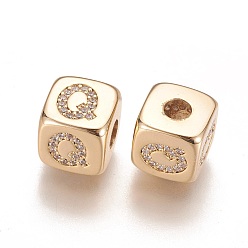Letter Q Brass Micro Pave Cubic Zirconia Beads, Horizontal Hole, Real 18K Gold Plated, Long-Lasting Plated, Cube with Letter, Clear, Letter.Q, 9x9x9mm, Hole: 3.5mm