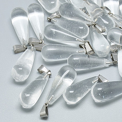 Quartz Crystal Synthetic Quartz Crystal Pendants, with Stainless Steel Snap On Bails, teardrop, 28~30x10~12mm, Hole: 6x4mm
