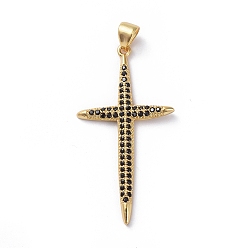 Golden Brass Micro Pave Cubic Zirconia Pendants, Cross, Black, Golden, 38.8x20x2mm, Hole: 4x5mm