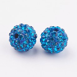 Capri Blue Polymer Clay Rhinestone Beads, Pave Disco Ball Beads, Grade A, Round, PP15, Capri Blue, 10mm, Hole: 1.8~2mm, 6 Rows Rhinestone, PP15(2.1~2.2mm)