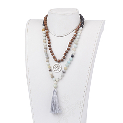 Mixed Stone Natural Amazonite, Lava Rock and Wood Beaded Necklaces, with Alloy, Tassel Pendants Burlap Bag Packing, Om Symbol, 40.1 inch(102cm)