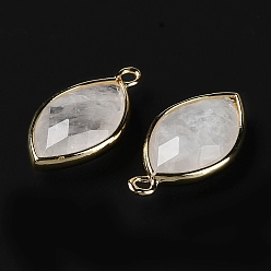 Cristal de Quartz Pendeloques de cristal de quartz naturel, pendentifs en cristal de roche, avec bord en laiton doré, facette, oeil de cheval, 22x12x5.5mm, Trou: 1.8mm