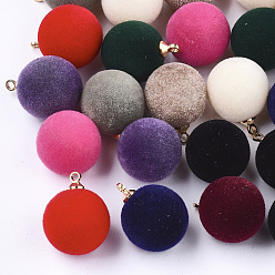 Mixed Color Flocky Acrylic Pendants, with Brass Findings, Round, Golden, Mixed Color, 18x14mm, Hole: 1.6mm