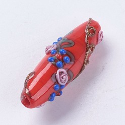 Mixed Color Handmade Lampwork Beads, Rice wit Flower, Mixed Color, 42~44x11~13mm, Hole: 2mm
