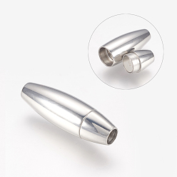 Stainless Steel Color Smooth 304 Stainless Steel Magnetic Clasps with Glue-in Ends, Oval Shape, Stainless Steel Color, 28x9mm, Hole: 4mm