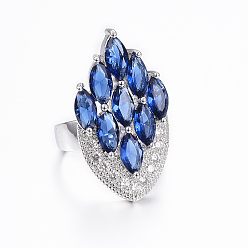Dark Blue Brass Micro Pave Cubic Zirconia Jewelry Sets, Pendants & Hoop Earrings & Finger Rings, Marquise/Horse Eye, Platinum, Medium Blue, Size 6~10(16~20mm), 38.5x17x5.5mm, Hole: 5.5x4mm, 49x17x5.5mm, Pin: 1mm