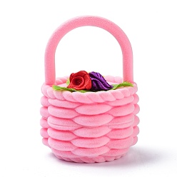 Pink Velvet Ring Boxes, with Plastic and Ribbon, Flower Basket, Pink, 5.8x6cm
