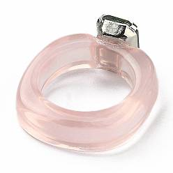 Pink Resin Finger Rings, with Plastic Rhinestone, Rectangle, Platinum, Pink, US Size 6, Inner Diameter: 17mm