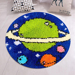 Spaceship Flat Round Latch Hook Rug Kit, DIY Rug Crochet Yarn Kits, Including Color Printing Screen Section Embroidery Pad, Needle, Acrylic Wool Bundle, Space Theme Pattern, 450x1.5mm
