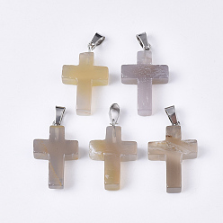 Grey Agate Natural Grey Agate Pendants, with Stainless Steel Peg Bails, Cross, Stainless Steel Color, 28~30x18x6mm, Hole: 7x3.5mm