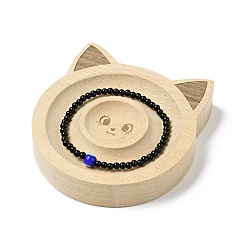 Cat Shape Beech Wooden Bangle Bracelet Finger Ring Diplay Holder Tray, Cat Pattern, 103x94.5x20mm, Bracelet Groove: 40~77mm, Ring Tray: 33mm