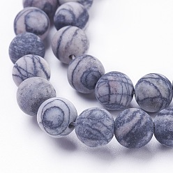 Netstone Natural Black Silk Stone/Netstone Beads Strands, Frosted, Round, 8~8.5mm, Hole: 1mm, about 49pcs/strand, 14.9 inch~15.3 inch(39cm)