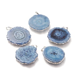 Steel Blue Dyed Natural Druzy Solar Quartz Crystal Pendants, Edge Plated, with Brass Bails, Sunflower, Silver, Steel Blue, 40~50x30~45x5~6mm, Hole: 4x6mm